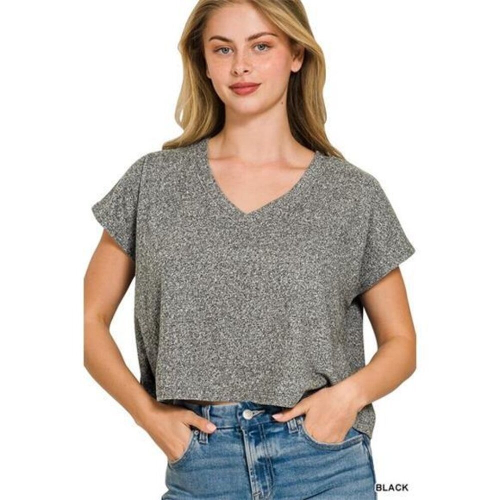 Zenana Soft Melange V-neck Drop Shoulder Cropped Top